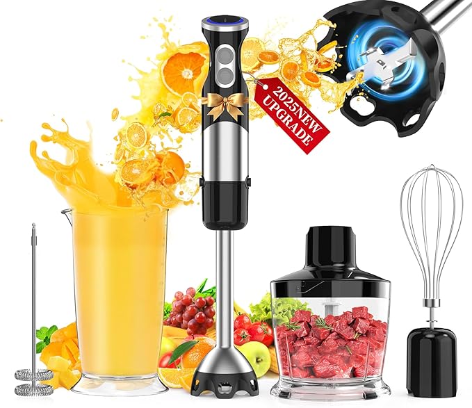 Immersion Blender Handheld 5 in 1-1100W Scratch Resistant Blender Stick, 12 Speed and Turbo Boost Hand Blender with Chopper Beaker Whisk and Milk Frother for Milkshake Puree Smoothie Food-BubblyBeeBaby