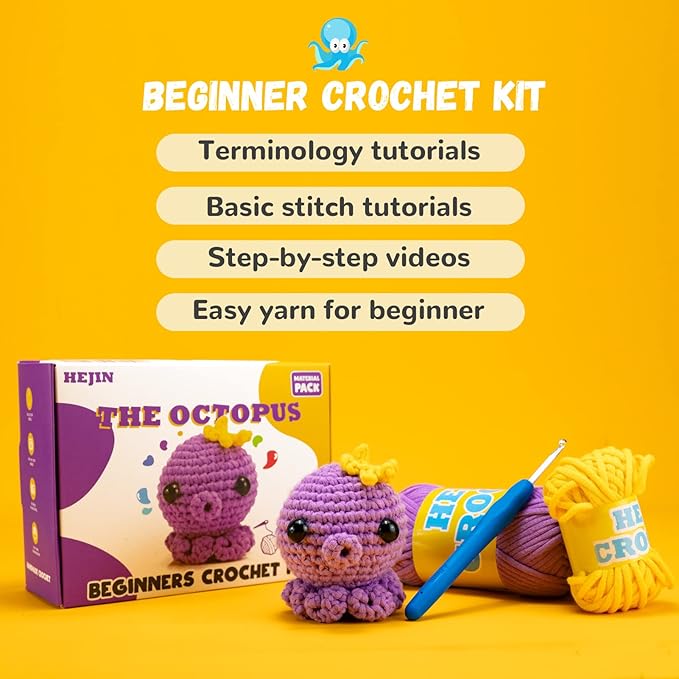 HEJIN Crochet Kit for Beginners, Beginner Crochet Kit for Adults Kids, Octopus Crochet Animal Kit Include Videos Tutorials, Yarn, Eyes, Stuffing, Crochet Hook- Boys and Girls Birthdays Gift-BubblyBeeBaby