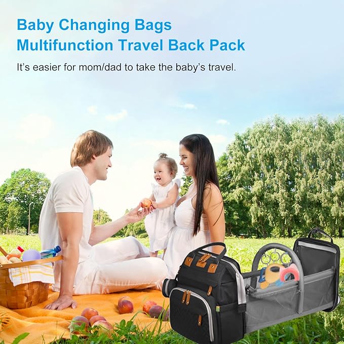 Jeryswet Baby Diaper Bags with Changing Station, Waterproof Large Capacity Diaper Bag Backpack for Moms Dads with USB Charging Port and Stroller Straps, Baby Shower Gifts, Black-BubblyBeeBaby