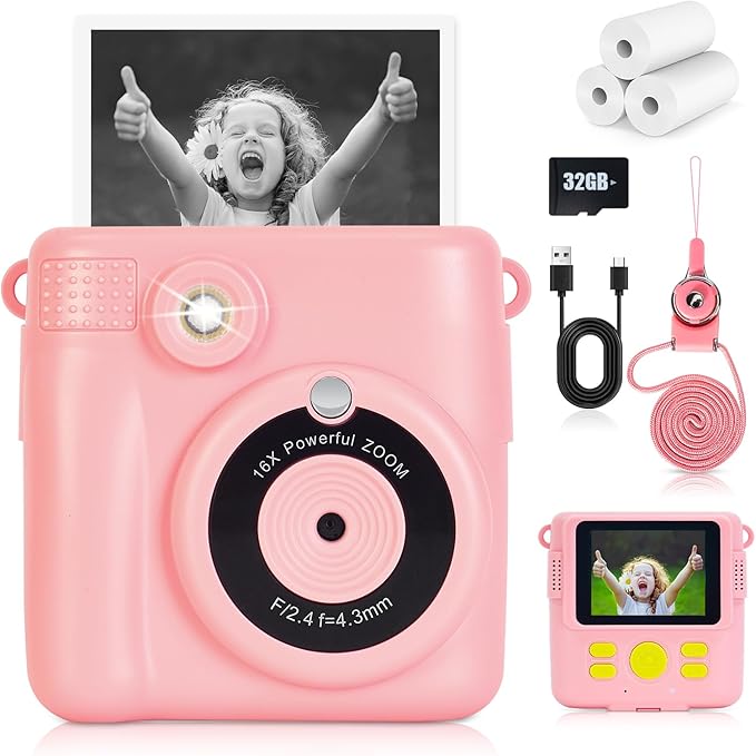 Instant Print Camera for Kids - 2.4 Inch Kids Camera Instant Print with Paper & 32G Card- Digital Children Toys as Christams Birthday Gifts for Girls Boys Age 3-12 - Pink-BubblyBeeBaby