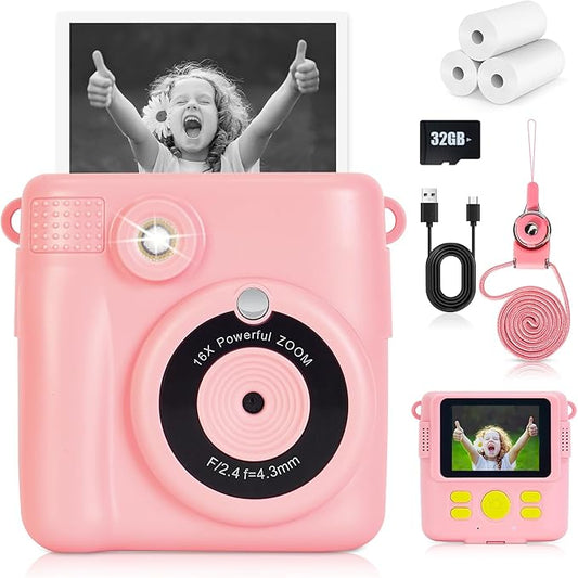 Instant Print Camera for Kids - 2.4 Inch Kids Camera Instant Print with Paper & 32G Card- Digital Children Toys as Christams Birthday Gifts for Girls Boys Age 3-12 - Pink-BubblyBeeBaby
