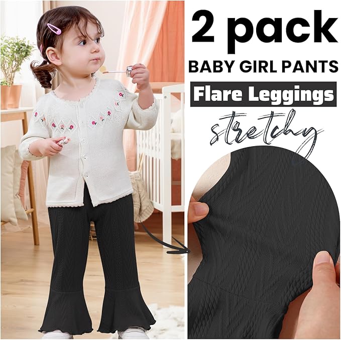 2 Pack Toddler Baby Girl Pants Flare Leggings Ribbed Knit Newborn Bell Bottoms Solid Ruffle Infant Pants for Girls-BubblyBeeBaby