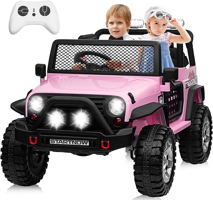 24V 4WD Ride on Truck Car w/800W Motors, Gift Flower, Remote Control, 2 Seaters, Light Bar, 3 Speeds, Pop Music, Power Four Wheels, 25 Volt Ride on Toy Car for Big Kids, Pink-BubblyBeeBaby