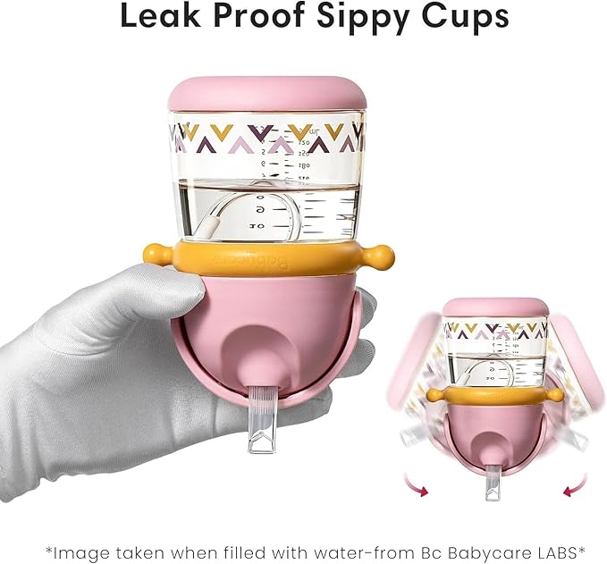 bc babycare Straw Sippy Cups for Toddler, No Spill Sippy Cups for Baby 1+ Year Old, Transition Weighted Sippy Cup with Straw and Strap, 10oz/300ml, Pink-BubblyBeeBaby