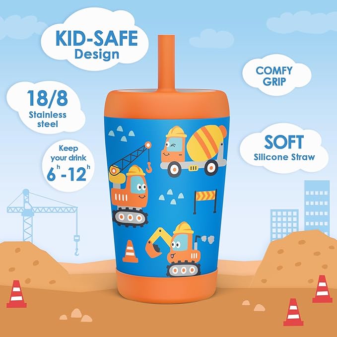 Kid Insulated Stainless Steel Tumbler with Silicone Straw, 12oz Sippy Cup for Kids (Construction Trucks)-BubblyBeeBaby