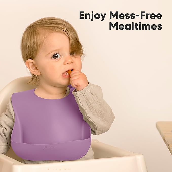 KeaBabies 2-Pack Silicone Baby Bibs for Eating - Sturdy Food-Grade Silicone Bibs for Babies Girl, Boy, Large Food Catcher, Clean & Put On Easily, Waterproof Toddler Feeding Essentials (Amethyst)-BubblyBeeBaby
