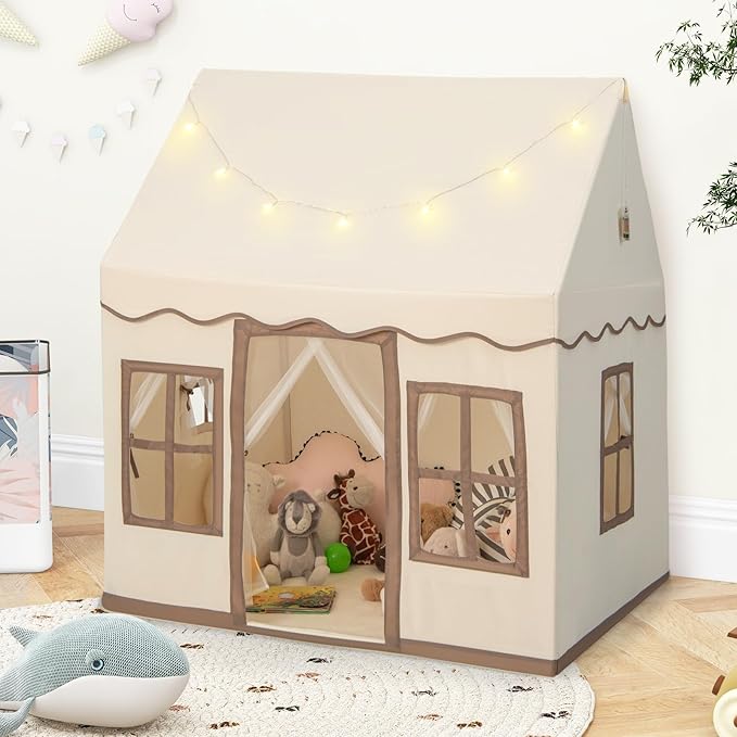 INFANS Kids Play Tent with Washable Mat Star Light Windows, Anti-Trip Large Playhouse Toys for Children Boys Girls, Indoor Outdoor Princess Tents Castle for Toddlers (Beige)-BubblyBeeBaby
