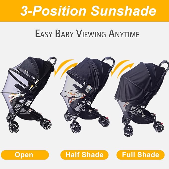 UPF50+ Sunshade Stroller Cover, Universal Breathable 3D Baby Mosquito Net, 2-in-1 Stroller Sun Shade with Two-Way Zipper, UV Protection, Privacy Netting for Stroller-BubblyBeeBaby