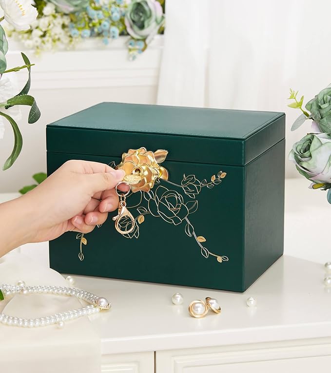 Jewelry Box with Lock for Girls: Jewelry Organizer for Dresser - 3-Drawer Earrings Storage Girls Women Gift (Dark Green)-BubblyBeeBaby