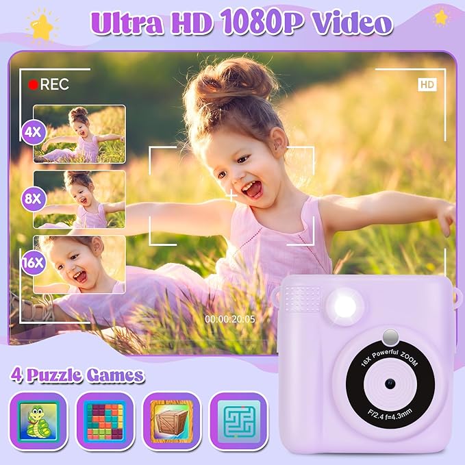 Instant Print Camera for Kids - 2.4 Inch Kids Camera Instant Print with Paper & 32G Card- Digital Children Toys as Christams Birthday Gifts for Girls Boys Age 3-12 - Purple-BubblyBeeBaby