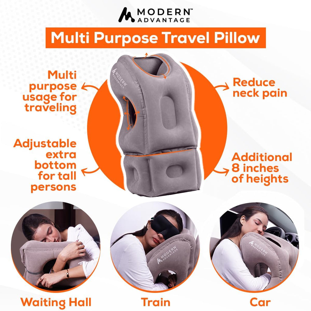 Modern Advantage Inflatable Travel Pillow for Airplanes with Adjustable Extra Bottom, Support Head & Chin to Avoid Neck & Shoulder Pain, for Travelling, Office Napping with Eye Mask & Earplug (Grey)