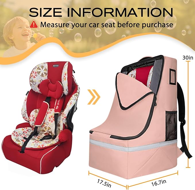 Car Seat Travel Bag for Airplane,Infant Seat Travel Bag with Shoulder Strap,Padded Car Seats Backpack with Reflective Stripes,Large Carseat Carrier Bag Travel Car Seat Cover,Flesh Pink-BubblyBeeBaby