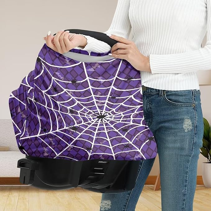 Binienty Halloween Spider Web and Bat Baby Car Seat Canopy Cover Halloween Decoration Nursing Cover for Breastfeeding Carseat Covers for Boy Girls-BubblyBeeBaby