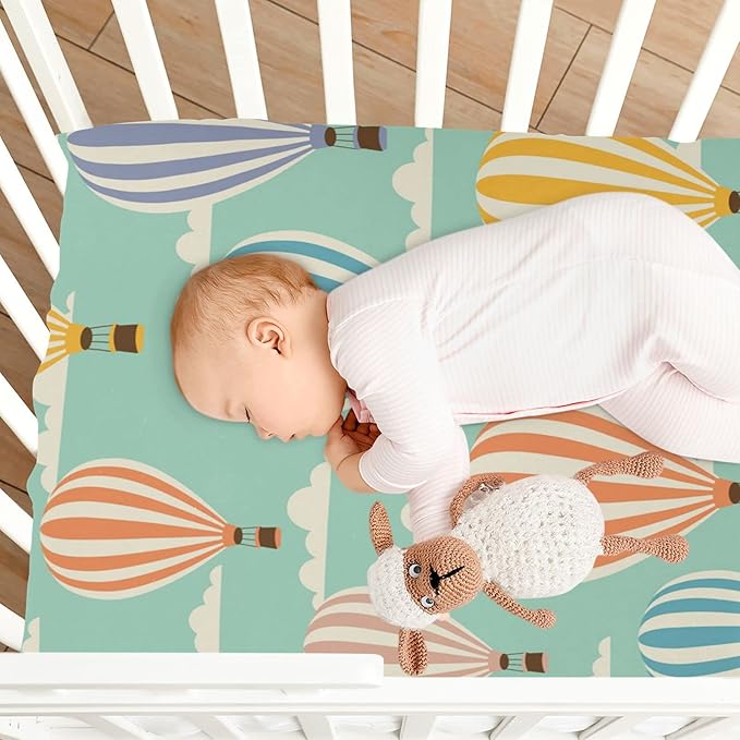 Hot Air Balloon Clouds Crib Sheets for Boys and Girls, Fitted Baby Crib Sheets Soft and Breathable Mini Crib Sheets 52 X 28 X 9 Inches-BubblyBeeBaby