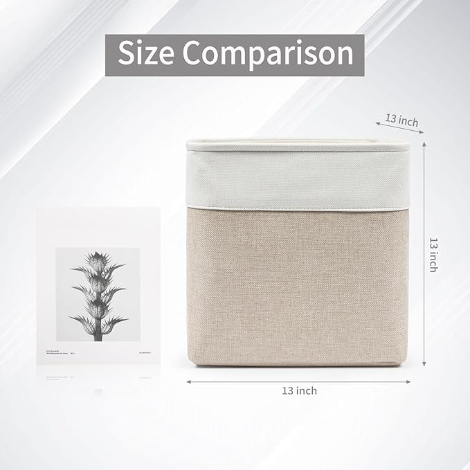 13x13 Cube Storage Bins, Collapsible Fabric Storage Box, 4 Pack Closet Baskets with Handles for Organizing, Shelf, Toys, Clothes, Home, Office, Nursery (Beige&White)-BubblyBeeBaby