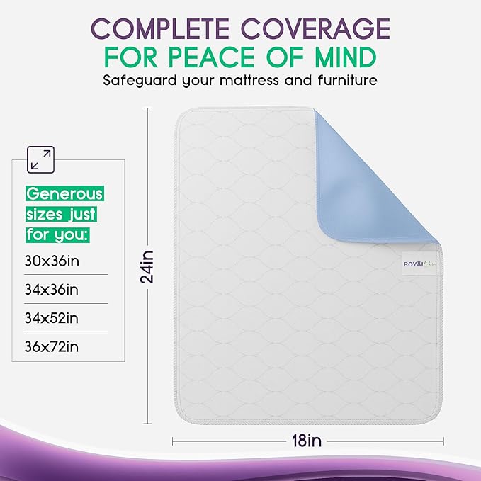 Incontinence Bed Pads - 18x24 | Cotton Blend | Washable Bed Pads for Adults, Children, Pets and Seniors Waterproof | Pack of 4, Blue, by Royal Care-BubblyBeeBaby