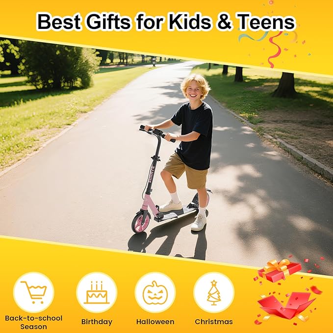 Kick Scooter for Kids Teens & Adults, 4 Adjustable Heights, 8IN All Terrain Big Wheels, Dual Brakes & Dual Suspension, Foldable and Lightweight, Gifts for Girls Boys-BubblyBeeBaby