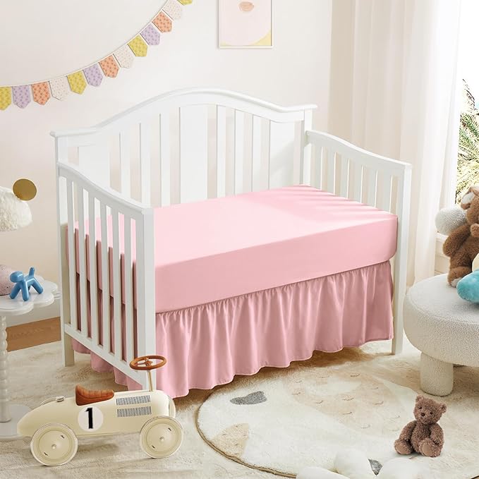 Horbaunal 2 Pack Set Crib Skirt & Crib Bed Sheet, Pink Crib Bed Skirt 28" x 52" with 14" Drop Dust Ruffle, Soft Microfiber Toddler Bedskirt Nursery Bedding Skirt for Baby Girls and Boys-BubblyBeeBaby