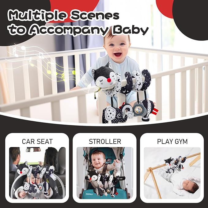 Jollybaby Crib Stroller Car Seat Toys for Baby 0-3-6-9-12 Months, Tummy Time Hanging Sensory Toys for Newborn with Music Box and Teether, Spiral Carseat Toy for Infant Boy Girl Gift (Black and White)-BubblyBeeBaby