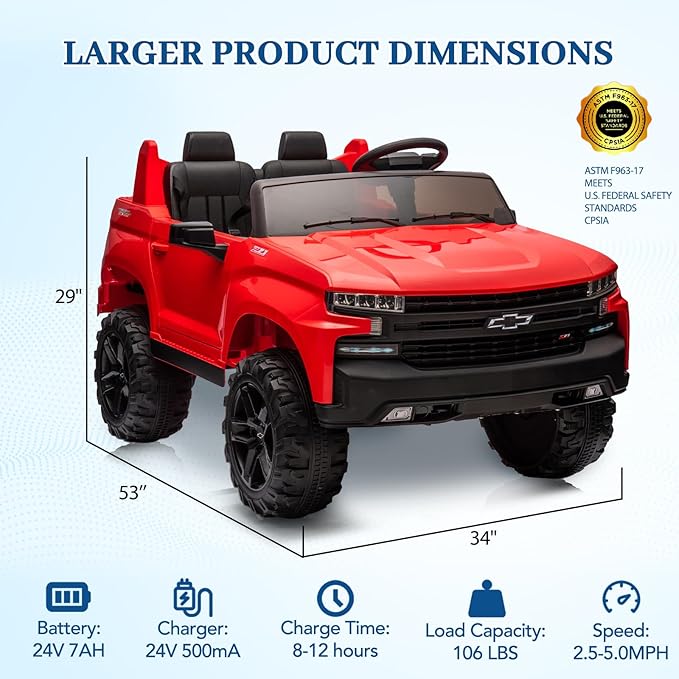 Hetoy 24V 2-Seater Truck Licensed Chevrolet Silverado Ride On Car Toy w/Parent Remote Control,4xSpring Suspension, 3 Speeds, Wireless Music, MP3 Player, Electric Vehicle Car for Kids, Red-BubblyBeeBaby