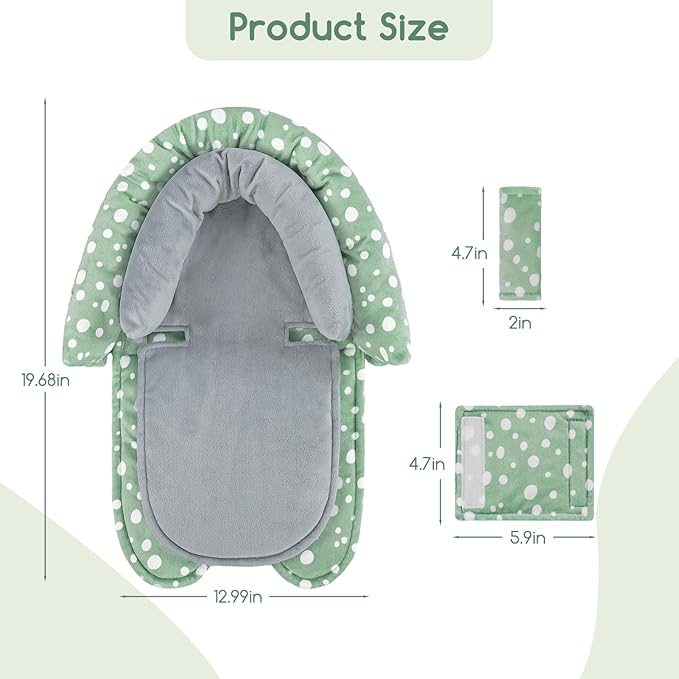 Baby Car Seat Head Support for Newborn, GFU 2 in 1 Infant Car Seat Head Body Support with Strap Pads, Soft Stroller Cushion Pillow Insert for Girls and Boys, Fits for Stroller, Swing, Green-BubblyBeeBaby