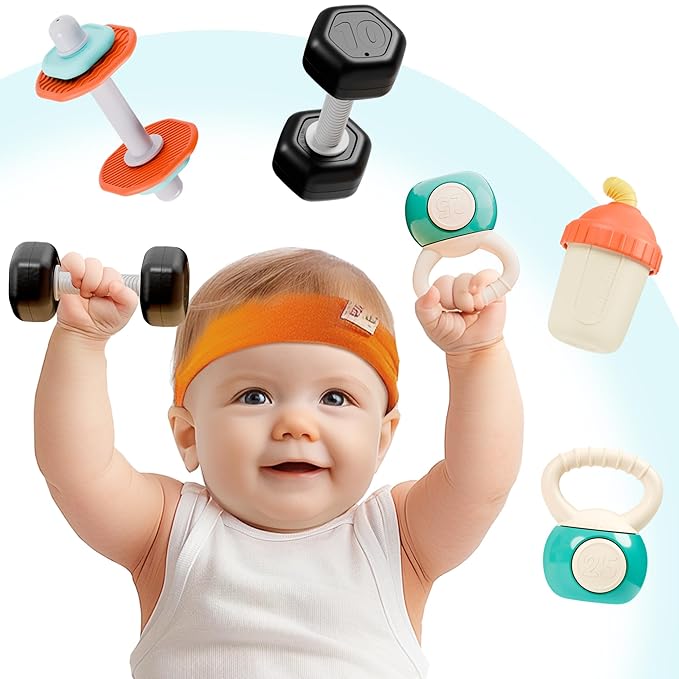 iPlay, iLearn Baby First Gym Rattle Set, Infant Dumbbell Weights Teething Rattles 3-6-12 Month, Newborn Workout Sensory Stroller Toy, Babies Birthday Shower Gift 5 7 8 9 10 Month Toddler Boy Girl-4PCS-BubblyBeeBaby