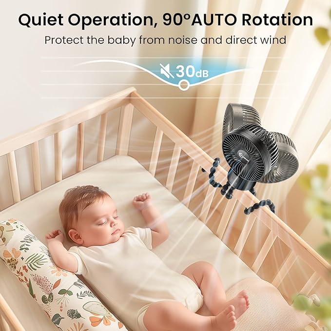 20000mAh Portable Stroller Fan with Auto Oscillating, Extended Anti-Slip Detachable Flexible Tripod, Power Bank & LED Light, 3-Speed Quiet Long Time Cooling Clip On Fans for Baby Crib Car Seat Travel-BubblyBeeBaby