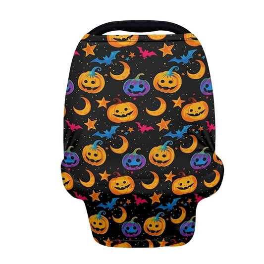 Binienty Galaxy Pumpkin Bats Moon Car Seat Covers for Babies, Halloween Decoration,Halloween Pumpkin Nursing Cover Breastfeeding Scarf, Stretch Baby Carseat Canopy-BubblyBeeBaby