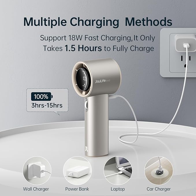 JISULIFE Handheld Fan Pro Series - Extreme Cooling Output: 1-100 Speed Scroll Wheel, Metal Body, Digital Display, 1.5H Fast Charge, 5000mAh-Portable Fan for Travel Outdoor, Gifts for Women Men(Brown)-BubblyBeeBaby