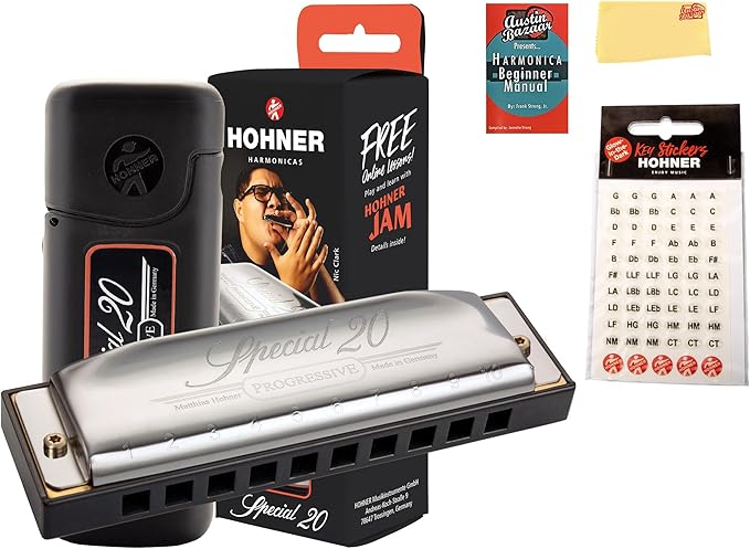 Hohner Special 20 Harmonica - Key of C Bundle with Key Stickers, Plastic Case, Instructional Manual, and Austin Bazaar Polishing Cloth-BubblyBeeBaby