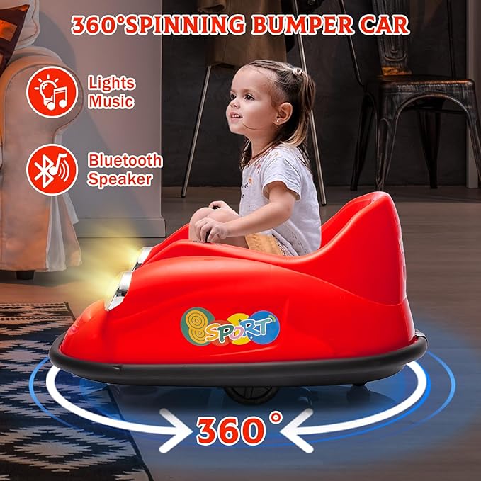 12V Bumper Car for Toddlers, Electric Toy Ride on Battery Car with Kids W/Parent Remote Control, 2-Speed, 360 Degree Spin, Music & LED Lights for Kids, Red-BubblyBeeBaby