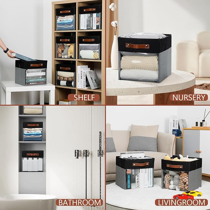 HNZIGE Cube Storage Bins 11 x 11, Fabric Cubes Storage Bins 11x11 Clear Storage Organizer,Canvas Storage Bin for Cube Storage, Cubby Collapsible Organizer Bin for Organizing Home(Gray Black 6PCS)-BubblyBeeBaby