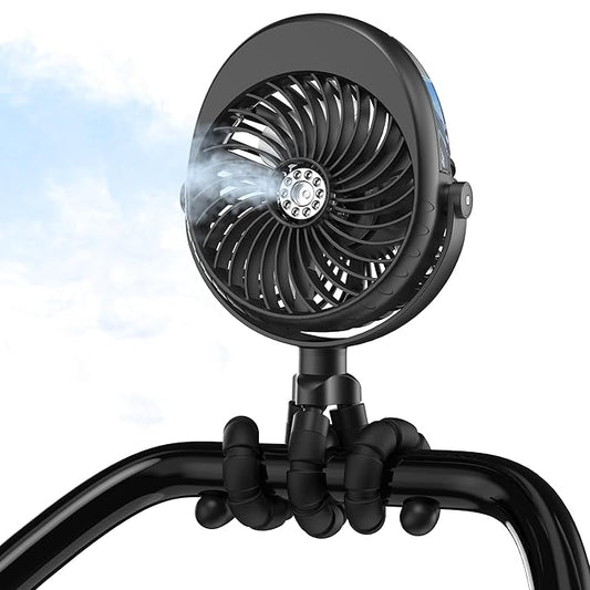 2025 Upgarded 4000mAh Misting Baby Stroller Fan, Rechargeable Battery Operated,Max 15Hrs Cooling,50ml Portable Water Sprayer Misting Fan with Flexible Tripod Clip on Car Seat Crib Treadmill Bunk Bed-BubblyBeeBaby