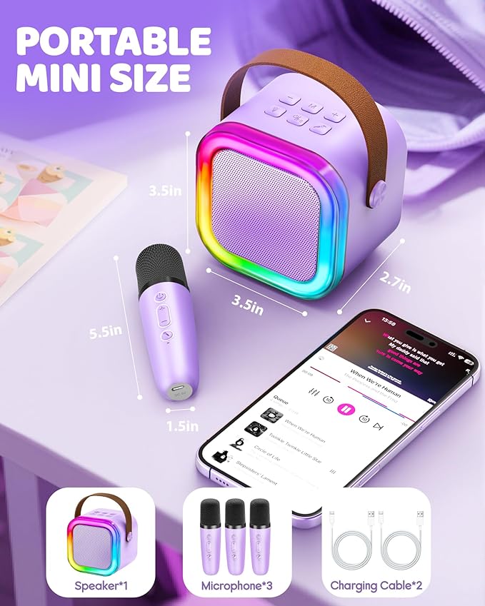 IROO Mini Karaoke Machine for Kids, 2025 TOP Toys Birthday Gifts Ideas for Girls Ages 4, 5, 6, 7, 8, 9, 10, 12+ Years Old, Portable MP3 Player with 3 Wireless Mics for Party-BubblyBeeBaby