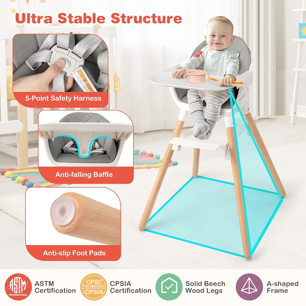 HONEY JOY Baby High Chair, 6 In 1 Convertible Wooden Highchair for Babies and Toddlers/Toddler Chair/Bar Stool, Removable Double Tray & Reversible Footrest, Safety Harness for Infant Boys Girls (Gray)