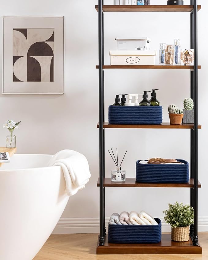 KALLAX Small Woven Basket, 12 x 8 x 4.5 Inches, Storage Basket for Organizing, Cute Small Rope Shelf Closet Cube Storage Bins Baskets for Shelves, Dog Toy Gift Baskets Empty, 3 Packs, Navy Blue-BubblyBeeBaby