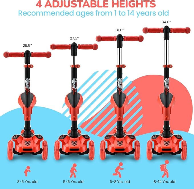 Hurtle 3-Wheeled Scooter for Kids - Wheel LED Lights, Adjustable Lean-to-Steer Handlebar, and Foldable Seat - Sit or Stand Ride with Brake for Boys and Girls Ages 1-14 Years Old-BubblyBeeBaby