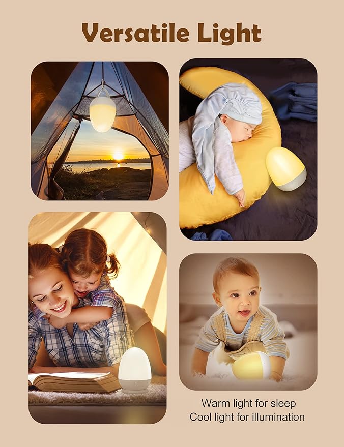 JolyWell Baby Night Light for Kid, Portable Egg Nightlight with Stable Charging Pad, Touch Nursery Night Lamp for Breastfeeding, Toddler Night Light for Bedroom, Timer Setting, ABS+PC, White-2-BubblyBeeBaby
