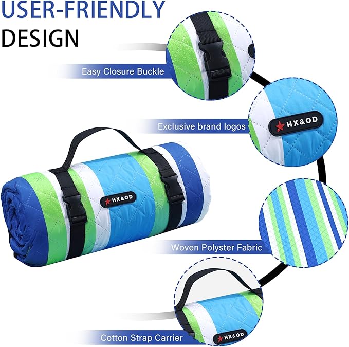 HX&OD Outdoor Picnic Blanket Extra Large, 80''*60'' Waterproof Picnic Mat with Stakes Foldable Camping Blanket Portable with Carry Strap for Beach Mat (Green& White, 80''*60'')-BubblyBeeBaby