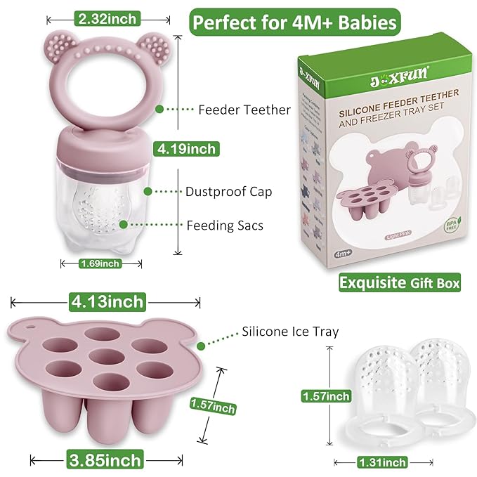 JEXFUN Silicone Breastmilk Popsicle Freezer Molds & Baby Fruit Food Feeder Pacifier, Baby Food Storage Containers Breast Milk Ice Cubes for Baby Teething & Infant Self Feeding, BPA Free - (Light Pink)-BubblyBeeBaby