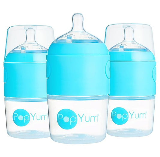 PopYum 5 oz Blue Anti-Colic Formula Making/Mixing/Dispenser Baby Bottles, 3-Pack with #1 Slow Flow Nipples, 150 ml, BPA-Free, Natural Latch-BubblyBeeBaby