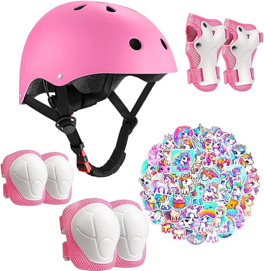 Kids Bike Helmet with Knee Elbow Wrist Pads Guards,Pink,for Ages 2-3-5-8-14,Sports Bicycle,Skate Scooter,Rollerblading with Unicorn Sticker-BubblyBeeBaby