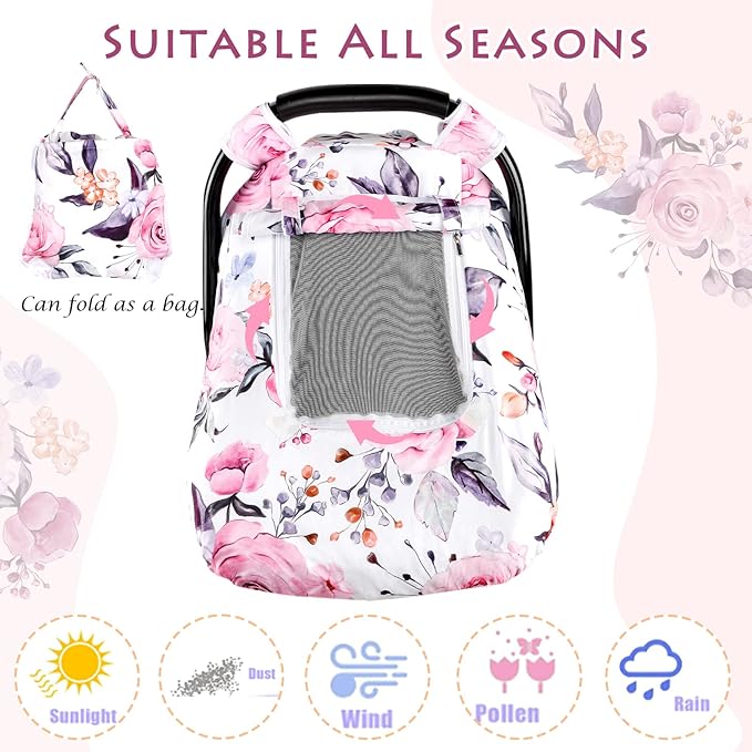 Floral Baby Carseat Cover Girls, Pea Pod Infant Car Seat Covers Canopy for Newborn with 2 Layers Windows of Breathable Mesh/Fabric, Lightweight Polyester/Minky Dot Backing, Snug Fit Most Baby Car Seat-BubblyBeeBaby