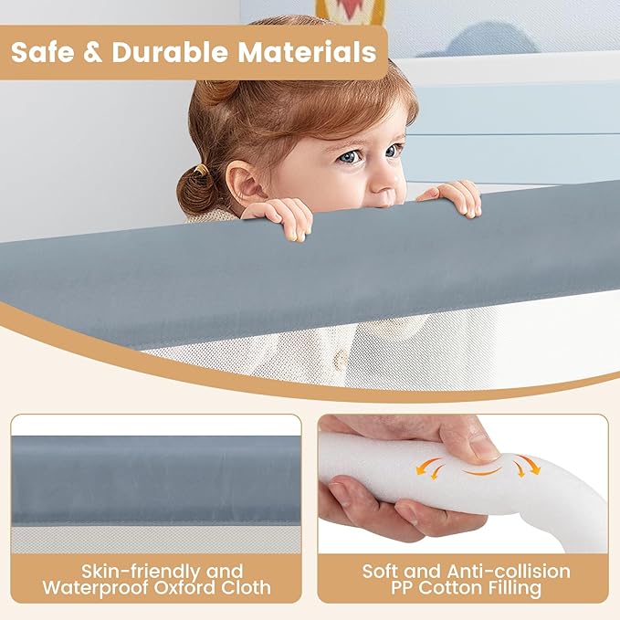 HONEY JOY Bed Rail for Toddlers, Extra Long, Foldable Portable Swing Down Safety Bed Guard Rail, Toddler Bed Rails for Crib, King Queen Full Twin Size Bed Mattress (Light Gray, 1 Pack, 71 Inch)-BubblyBeeBaby