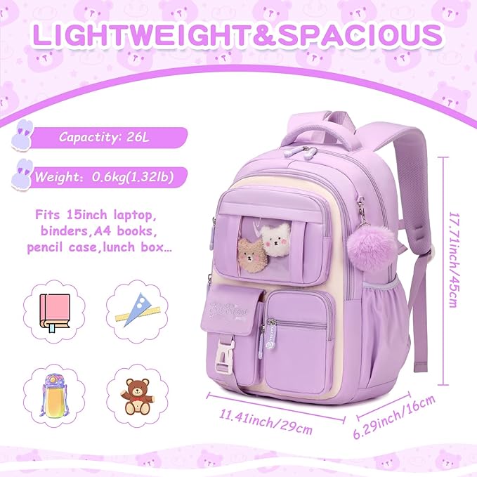 Kids Backpack for Girls School Bags for Middle School Students Book Bag for Elementary Primary Kawaii Ita Backpack, Purple and Beige-BubblyBeeBaby