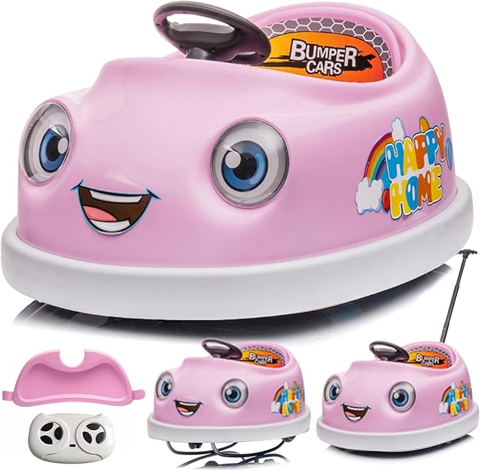 12V Dual Battery Electric Ride on Kids Bumper Car w/Remote Control,360 Degree Spin,Push Rod Rocker Horse Function,3-Speeds Babies & Toddlers Bumping Car Ride on Toy Gift for 1-4 Years Children (Pink)-BubblyBeeBaby