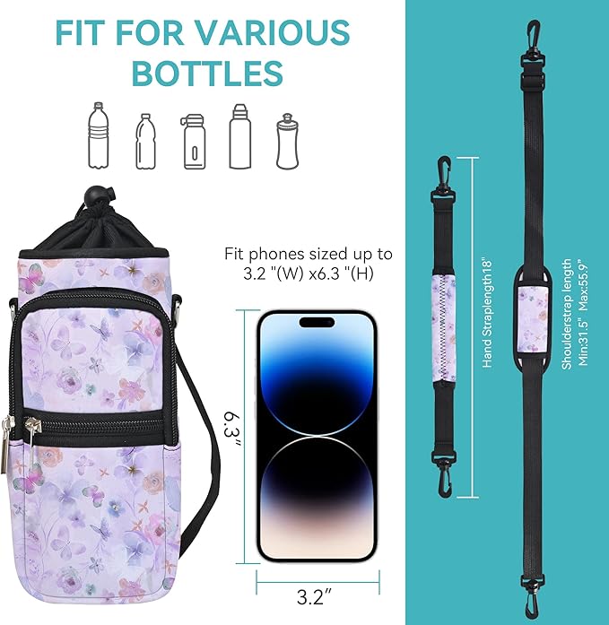25/32/40/64oz Water Bottle Bag Holder Carrier-Insulated Crossbody Sling Case Sleeve with Strap & Pockets for Men Women Gym Cycling Travel Walking Hiking Camping-BubblyBeeBaby