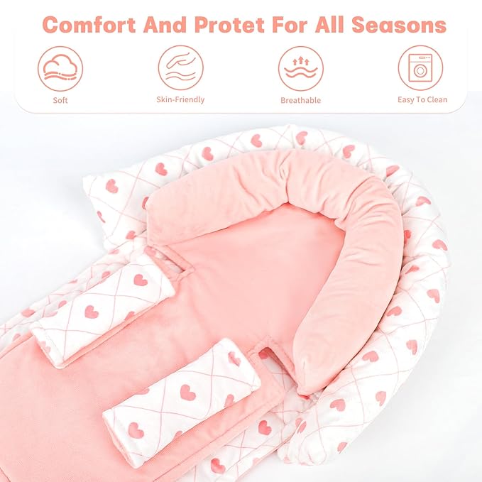 Infant Car Seat Insert, HNHUAMING Baby Car Seat Head & Body Support with 2 Strap Pads, Ultra Soft Newborn Preemie Carseat Insert Cushion for Girls Boys, Fits Car Seat, Stroller, Swing, Bouncer, Pink-BubblyBeeBaby