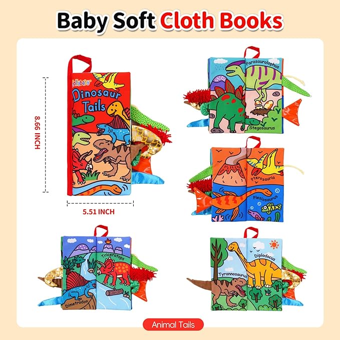 Jollybaby Baby Books 0-6 Months, Touch and Feel Crinkle Soft Cloth Books for Infants Babies, Toddler Early Educational Interactive Stroller Sensory Toys, Baby Girl & Boy Gift(Dinosaur Tails)-BubblyBeeBaby