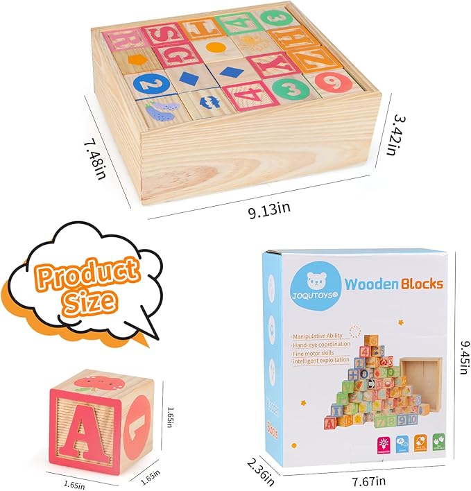 Joqutoys ABC Wooden Building Blocks for Toddlers 3 Large, 40 PCS Alphabet & Number Stacking Blocks with Storage Tray, Montessori Educational Learning Toys for Boys Girls Kids Gifts 1.65"-BubblyBeeBaby
